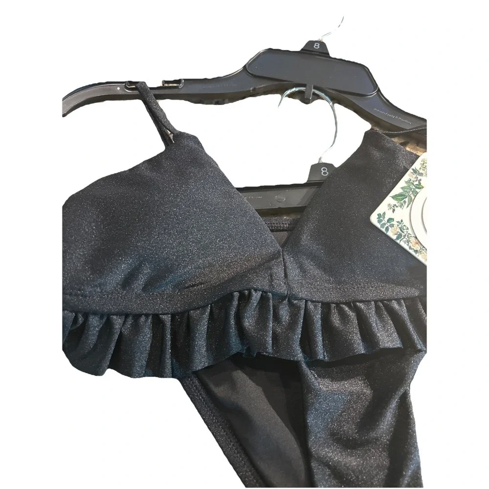 Chelsea & Violet Bathing Suit Girl's 8 Black 2 Piece Ruffle Swim Suit Bikini NWT